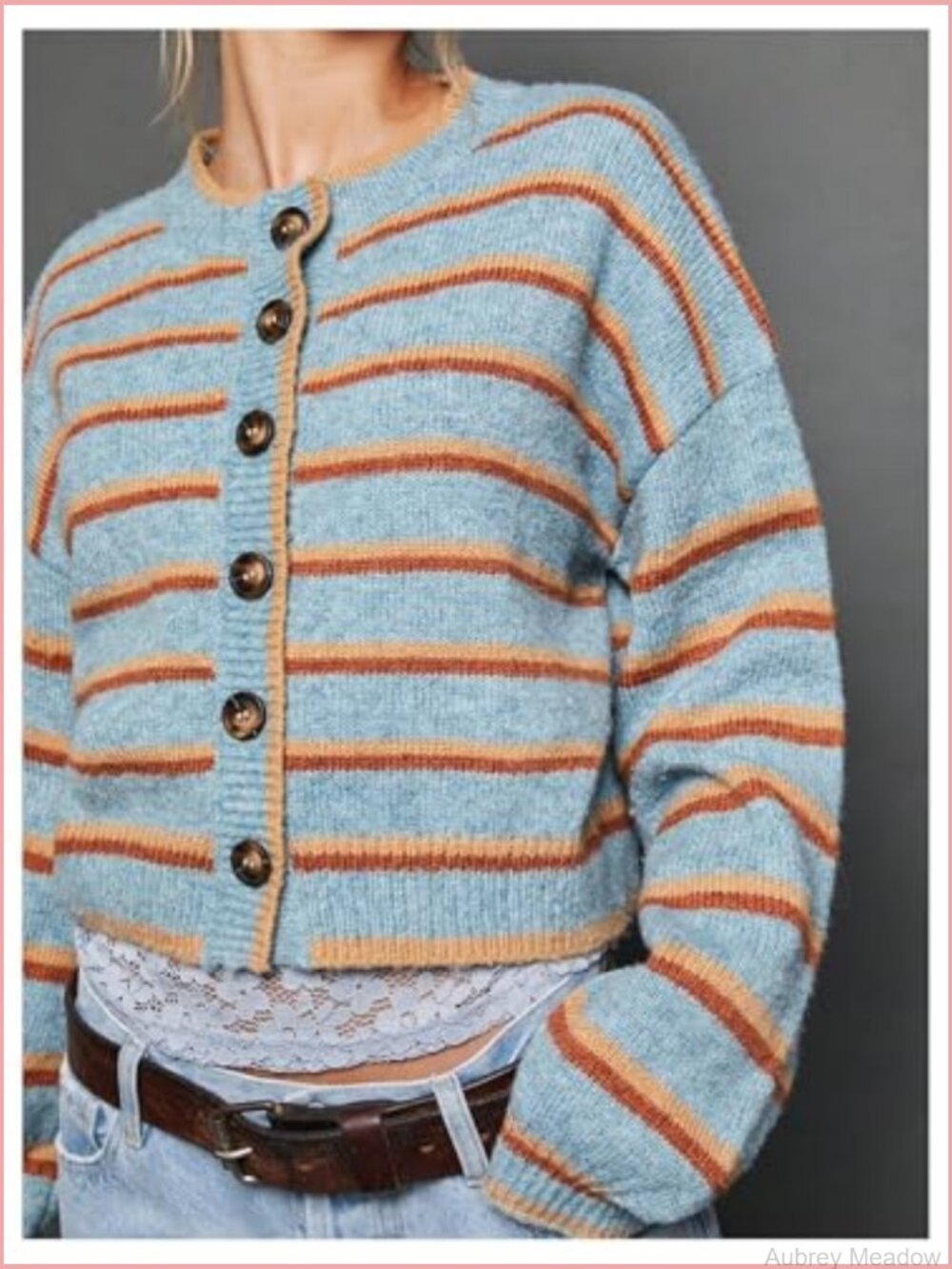 Striped Button Front Cropped Cardigan Long Sleeve Lightweight Knit - Picture 2 of 5